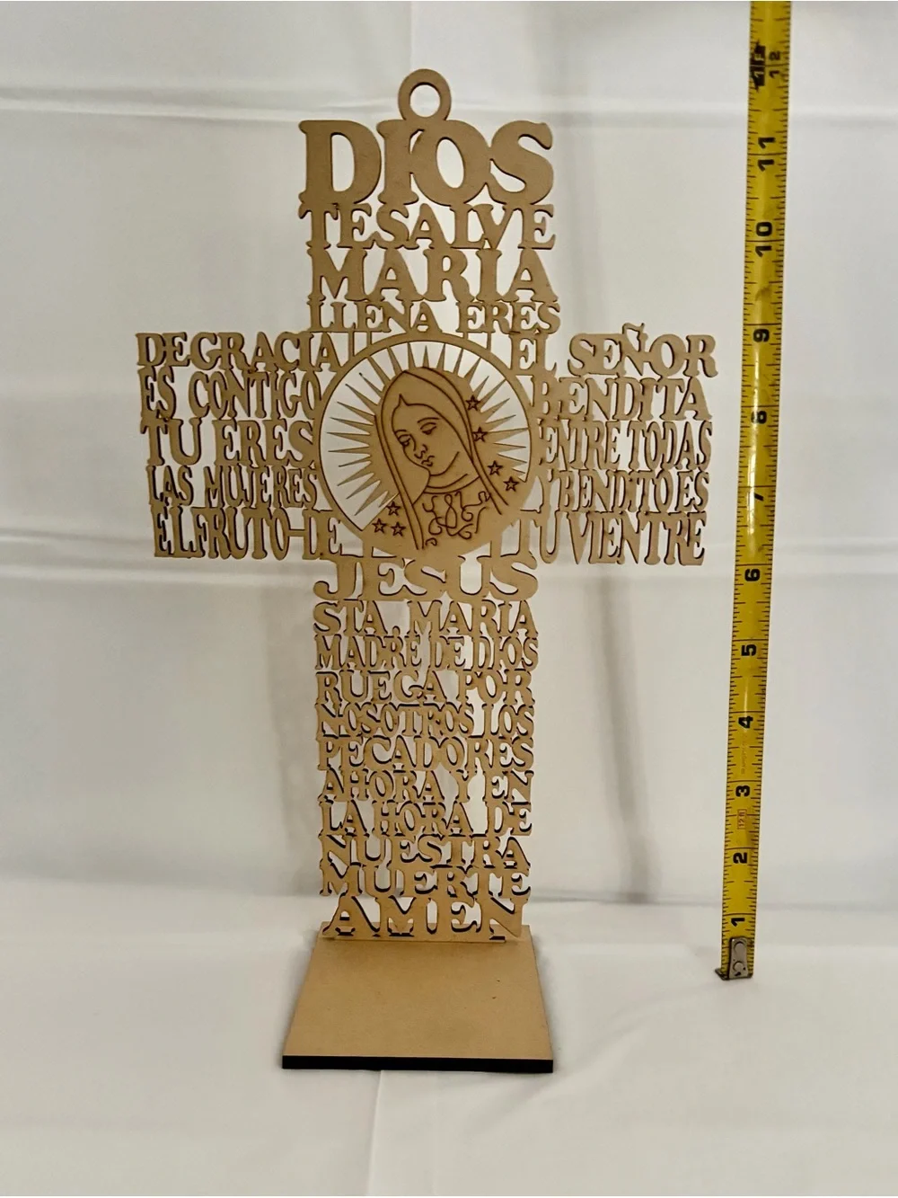 Wooden Laser-Cut Cross with Virgin Mary Design - Natural Wood